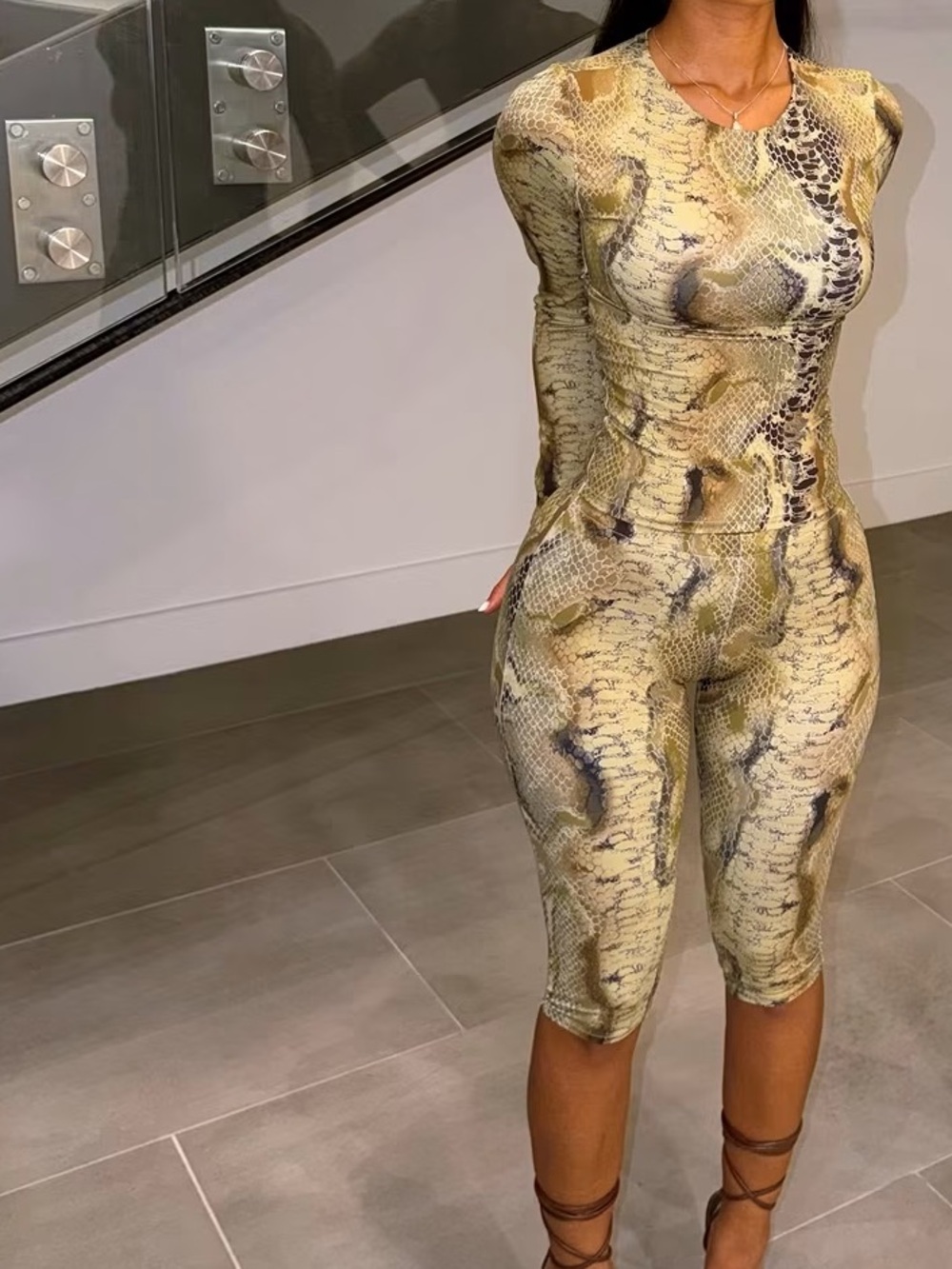 Snake-Print Bodycon Two Piece - Beige